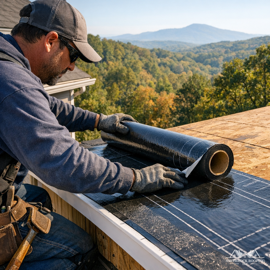 A close-up photograph of a roofer carefully installing ice-and-water shield at the eave of a residential roof in a wooded, hilly setting typical of the Mt. Airy area. The image should show clean, precise workmanship with the protective membrane being rolled out and adhered before shingle installation begins. Natural lighting, late morning. No text overlay needed.
