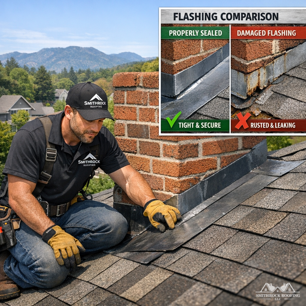 A split-view photograph showing a qualified roofing technician inspecting the flashing junction at a chimney base on a residential roof, with a close-up inset image showing the difference between intact, well-sealed flashing and corroded, separated flashing on a similar roof. Natural daylight, residential neighborhood setting in a foothills environment.