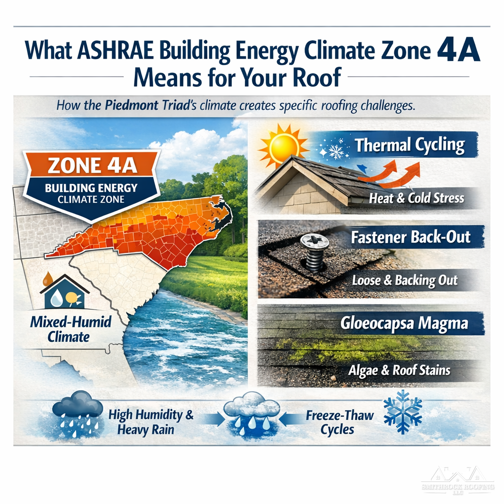 The term “Zone 4A” could be confused with other zone classification systems (USDA plant hardiness zones, FEMA flood zones, etc.). Also “Gloeocapsa magma” is fine as a scientific term. Let me check other terms:
The main ambiguity risk is “ASHRAE Zone 4A” being rendered as a generic zone map rather than a climate/roofing context. Adding “building energy climate zone” clarifies it.
type=infographic; title=”What ASHRAE Building Energy Climate Zone 4A Means for Your Roof”; subtitle=”How the Piedmont Triad’s climate creates specific roofing challenges”; item1_title=”