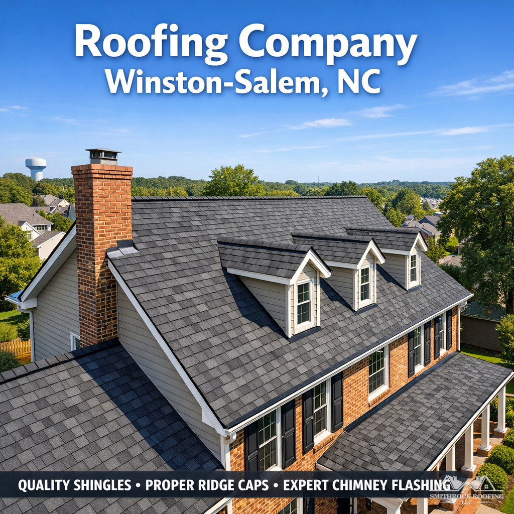 A wide-angle exterior photograph of a completed residential roof replacement on a traditional two-story Winston-Salem home, showing clean CertainTeed architectural shingles, neat ridge cap installation, and properly flashed chimney, taken on a clear day with the surrounding neighborhood visible in the background.