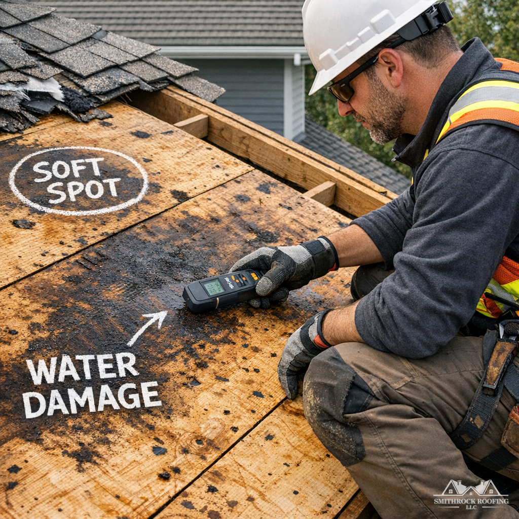A close-up photograph of a partially torn-off roof section mid-project, showing visible decking boards with areas of water staining, soft spots marked with chalk, and a contractor in work gear performing an inspection with a moisture meter. The image should convey a professional, careful assessment process rather than a chaotic work scene. Natural daylight, residential roofline visible in background.