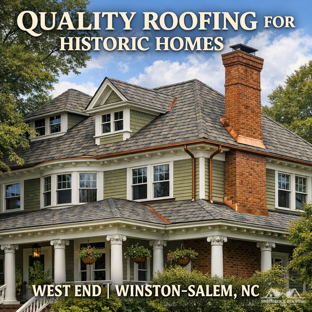 A photo of a well-maintained historic home in Winston-Salem's West End or Ardmore neighborhood, showing a recently replaced roof with period-appropriate architectural shingles in a slate-profile or weathered wood color, with clean ridge lines and copper or painted metal flashing visible at the chimney — communicating that quality roofing and historic compliance are compatible.