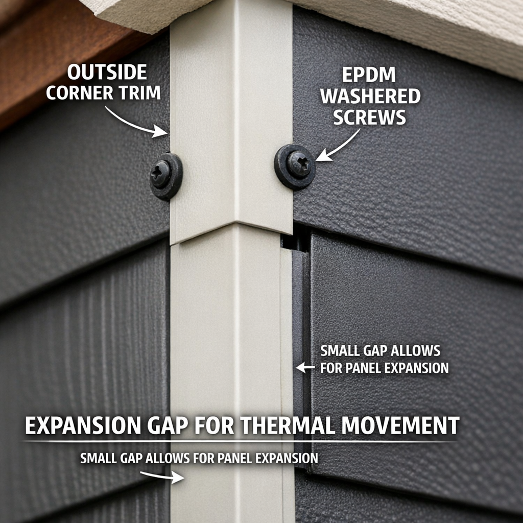 A close-up photograph of a properly detailed steel siding outside corner, showing the trim piece, EPDM-washered fasteners, and the slight gap at the panel end that accommodates thermal movement. The image should be taken on a clean, professionally installed residential exterior with complementary trim colors.