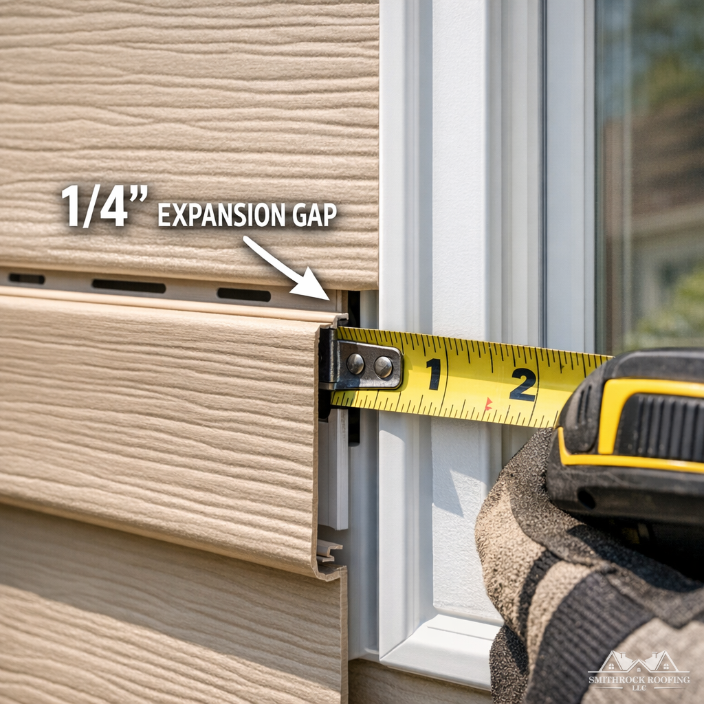A close-up photo of a vinyl siding panel being properly installed along a J-channel at a window frame, showing a visible expansion gap between the panel end and the channel, with a tape measure indicating the gap measurement. Natural daylight on a Triad-area home exterior, demonstrating correct installation technique in a real-world field setting.