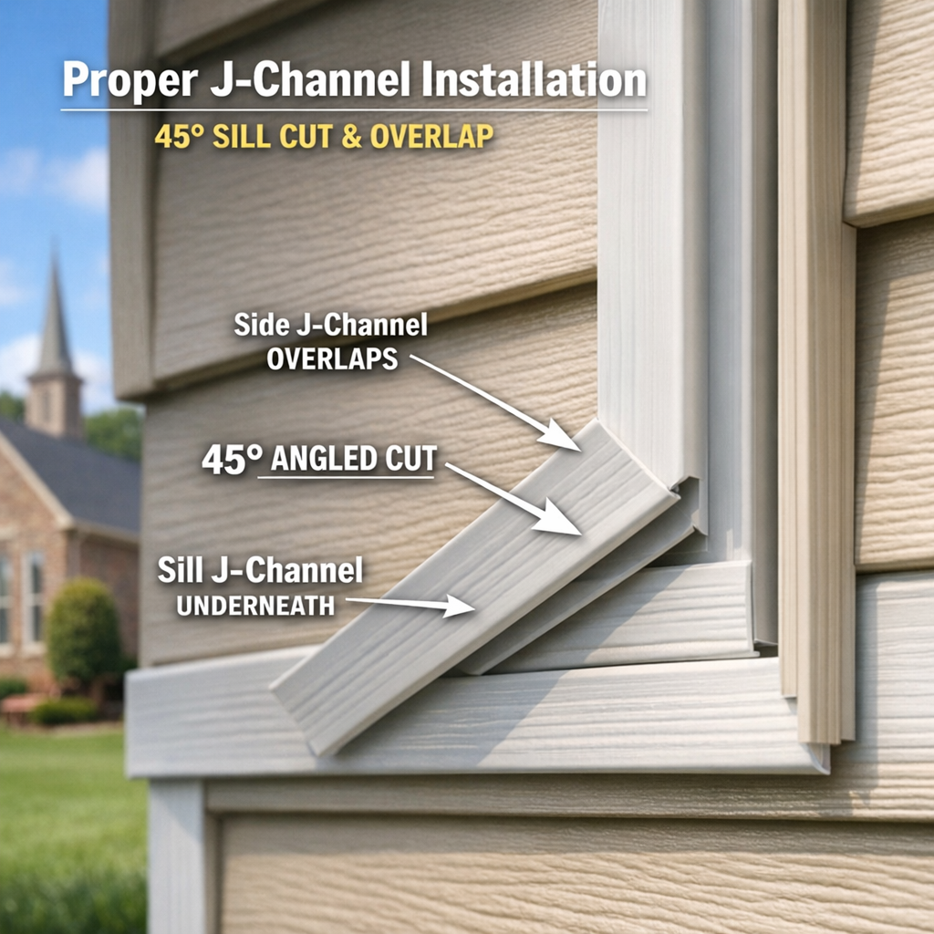 Close-up photograph of correct J-channel installation at a window corner, showing the 45-degree sill cut and proper overlap sequence, with a High Point-area home exterior visible in the background. Image should clearly show the layering sequence at the corner — sill J-channel underneath, side J-channels overlapping at the proper angle — in natural daylight to highlight the detail work.