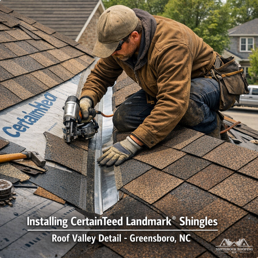 A close-up, well-lit photo of a roofing crew member installing CertainTeed Landmark shingles on a residential roof in a Greensboro neighborhood, with visible attention to detail at a valley intersection. The image should convey craftsmanship, precision, and professionalism without staged elements — natural, working-site feel.