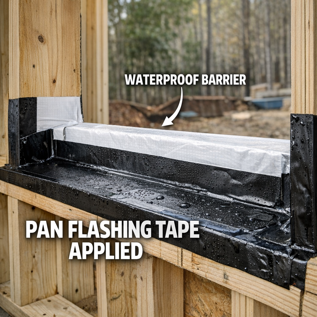 A close-up photograph showing proper window installation at the sill level, with visible pan flashing tape applied to the rough opening before the window unit is set. The image should be taken from inside during the framing or pre-installation phase, clearly showing the waterproofing layer at the base of the rough opening.