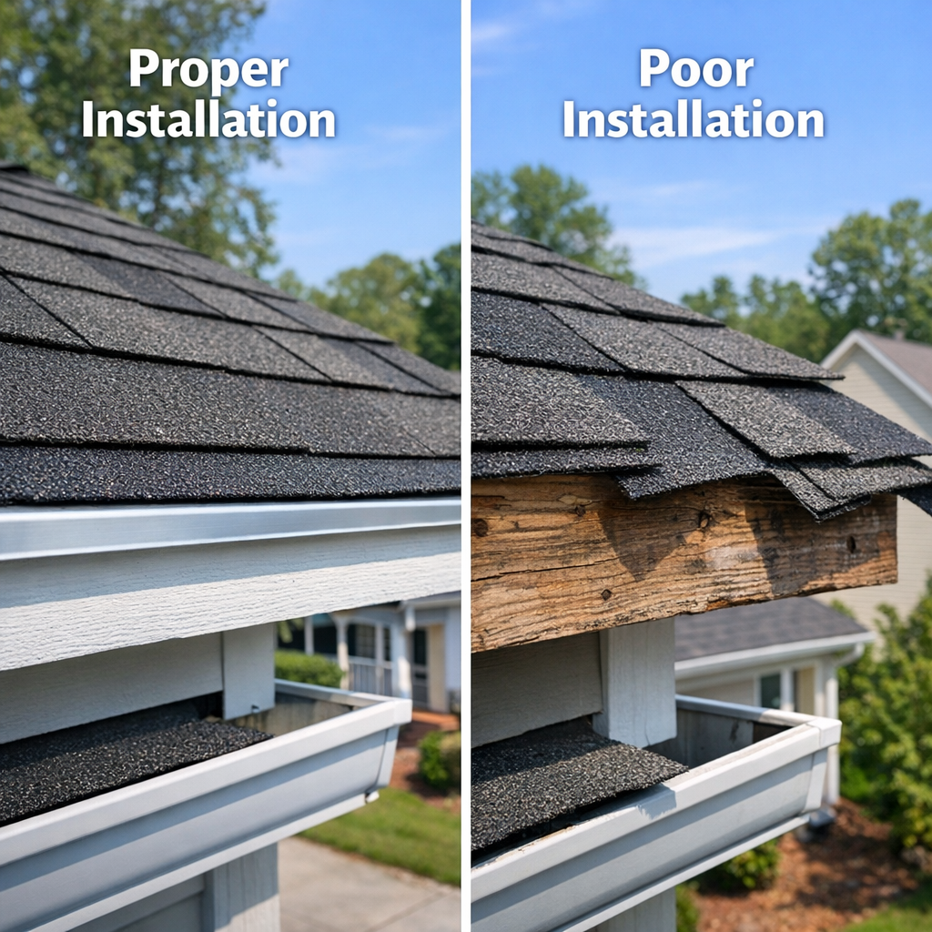 Side-by-side comparison of affordable roofing done right vs. rushed install showing uneven shingles and exposed fascia on NC 