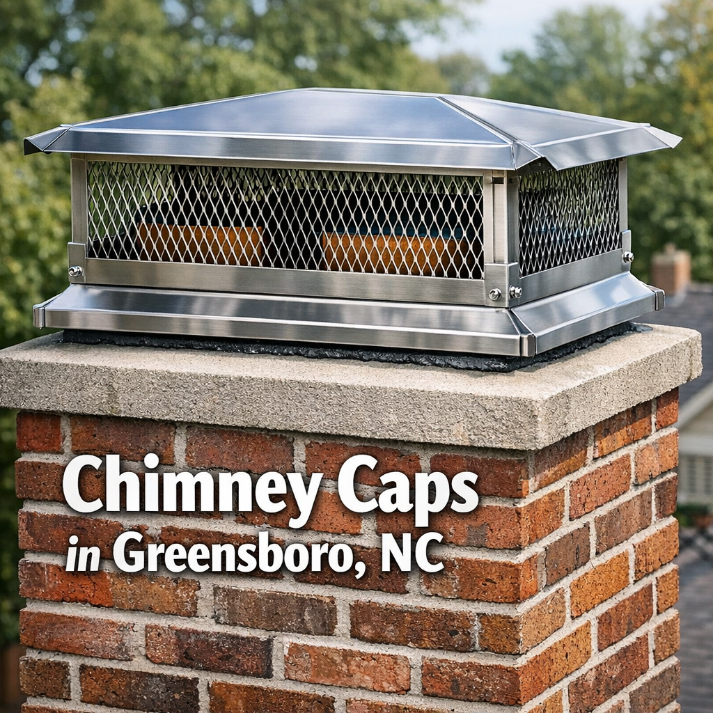 A close-up photograph of a properly installed stainless steel multi-flue chimney cap on a brick masonry chimney, showing the mesh screening, cap housing, and crown below. The image should clearly show the cap seated on the crown with appropriate flashing contact, ideally on a traditional brick chimney typical of Greensboro's established neighborhoods.