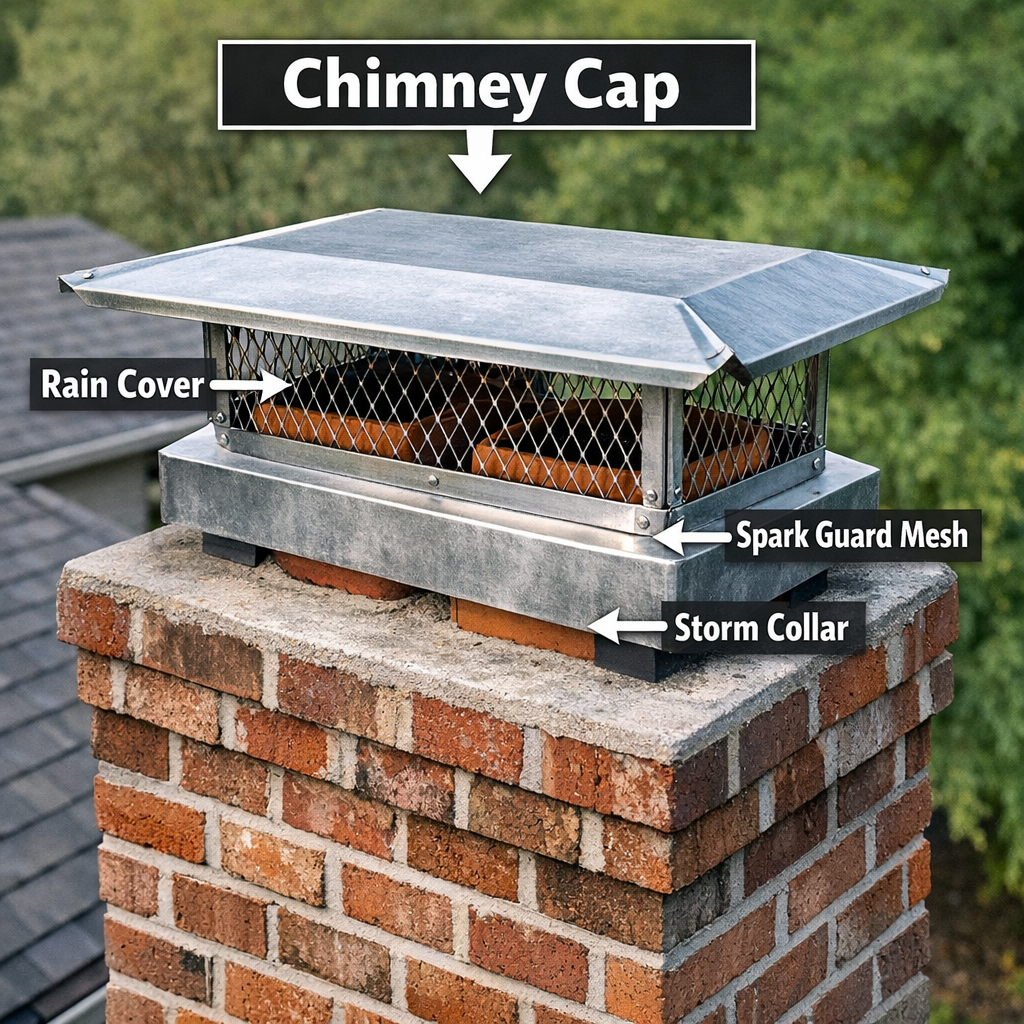 Labeled diagram of a masonry chimney cap on a brick home in High Point NC, with callout arrows identifying key components