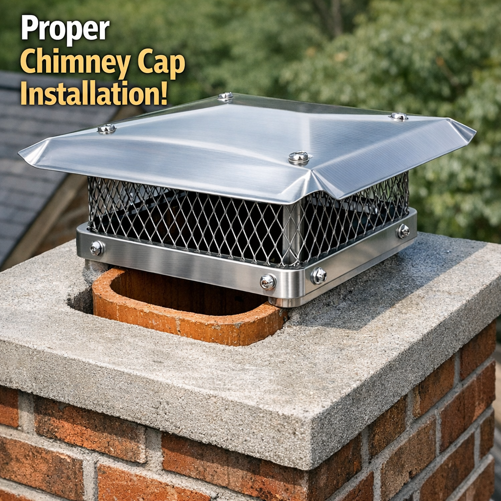 Stainless steel chimney cap from Lowes installed over a single flue tile on a well-maintained brick chimney crown