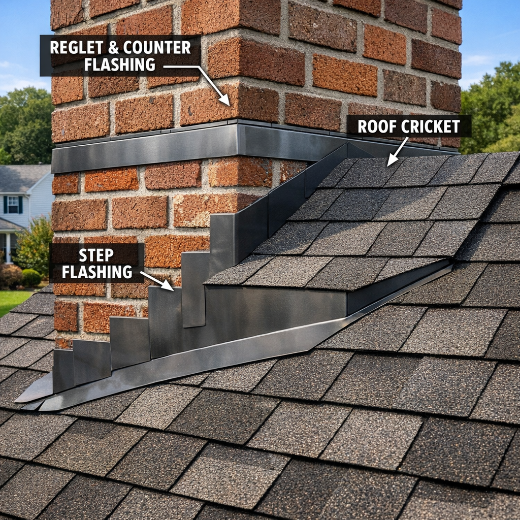 Properly installed chimney flashing repair with step flashing, counter flashing, and cricket on a brick chimney with architec