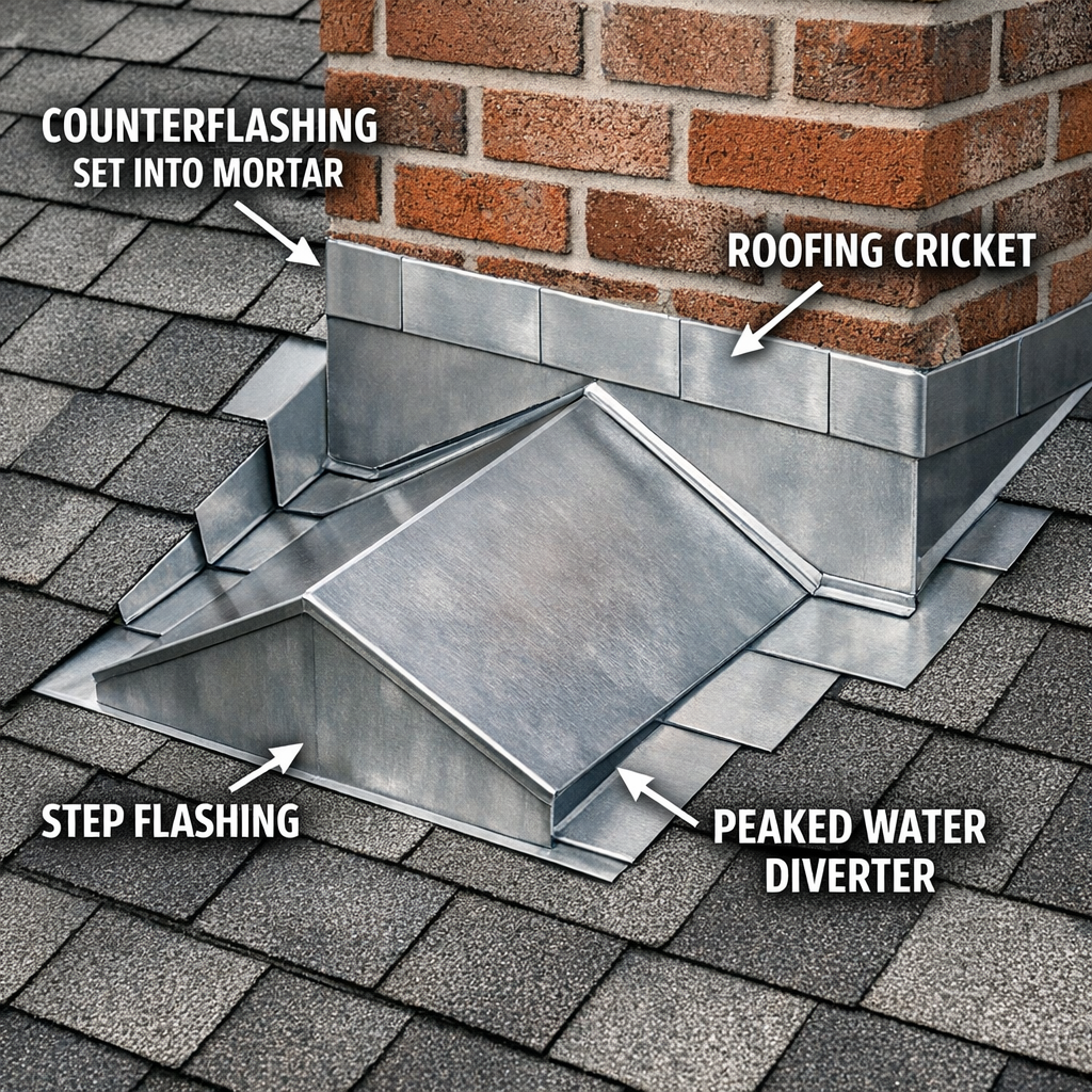 "Close-up photograph of a properly installed chimney roofing-flashing system on a residential roof, showing step flashing (small L-shaped metal pieces) integrated with shingle courses on the left side of the chimney, counterflashing (metal strips embedded in mortar joints) lapped over the top of the step flashing, and a correctly proportioned roofing cricket (a small peaked diverter structure) on the upslope side of the chimney. The image should show clean metal work with visible mortar joint embedment of the counterflashing, ideally on a medium-pitch asphalt shingle roof similar to common residential construction in the NC Triad region."