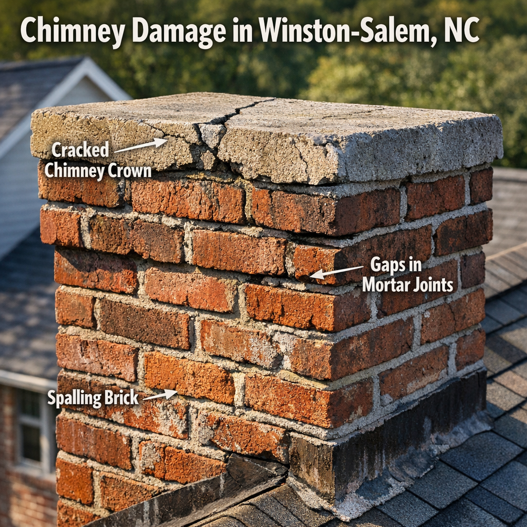 Close-up photograph of a brick chimney crown on a Winston-Salem-style residential home showing visible crown cracking, open mortar joints between upper brick courses, and early-stage spalling on the exterior brick face. Natural daylight from the side to emphasize the texture of the deterioration. No people in frame.