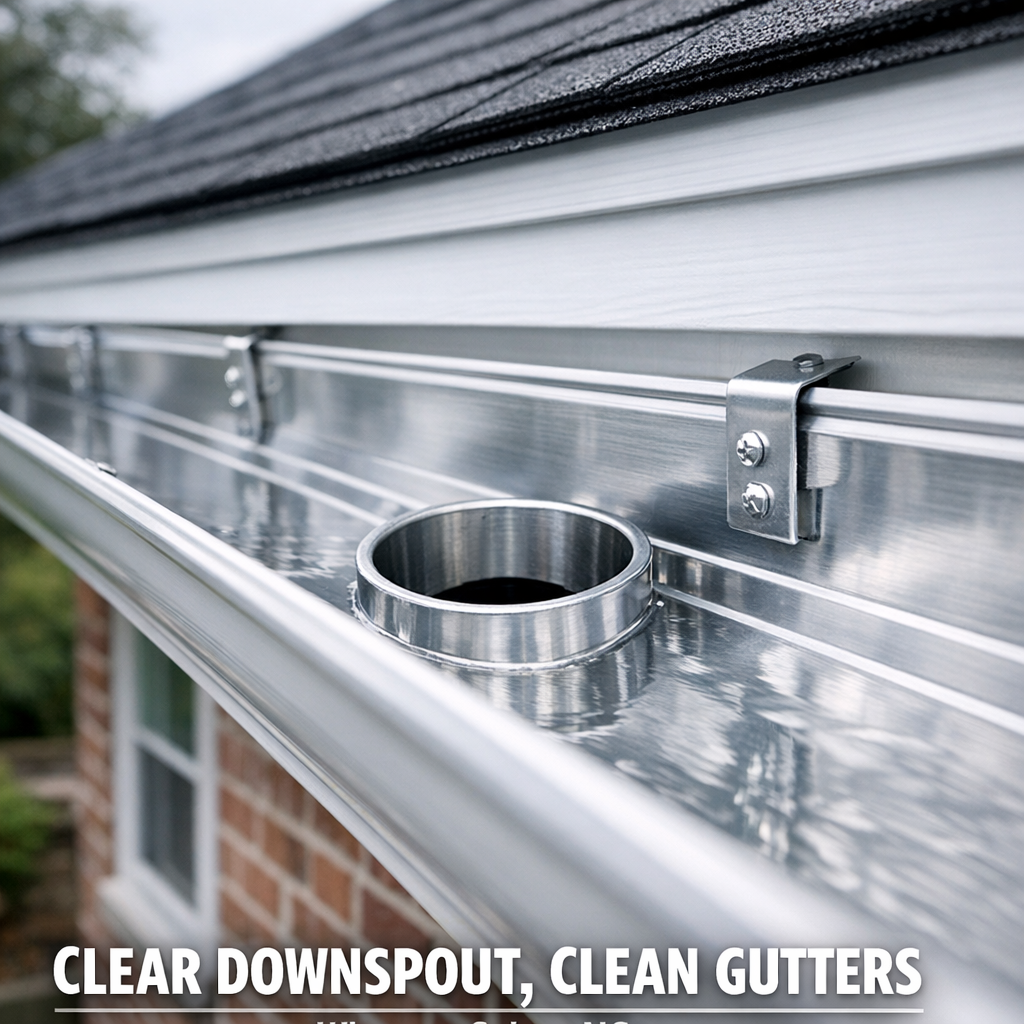 "A photo taken at close range of a properly cleaned aluminum gutter trough with visible downspout outlet, shot on a residential home with brick veneer exterior — the kind common in Winston-Salem's mid-century neighborhoods — showing clear, unobstructed drainage on a bright overcast day. No debris, no pooling water, gutter hangers visible and flush against the roofing fascia board."