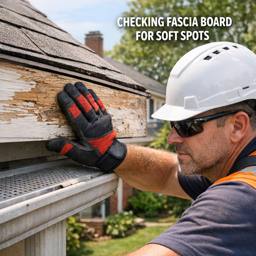 A close-up photo of a contractor performing a roofing fascia board inspection during a gutter guard installation on a Winston-Salem home, showing the inspector pressing against the wooden fascia board to check for soft spots while the existing gutter is partially visible below. Natural lighting, residential neighborhood context visible in background.