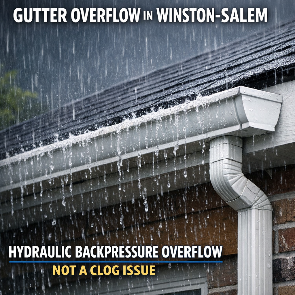"A wide-angle photograph of a Winston-Salem residential roofline during or immediately after a heavy rain, showing water overflowing evenly along the lower run of a K-style gutter — illustrating hydraulic backpressure overflow rather than a debris clog. The roofing fascia board and downspout should both be visible, with the downspout appearing structurally sound, emphasizing that the problem is systemic rather than a maintenance failure."