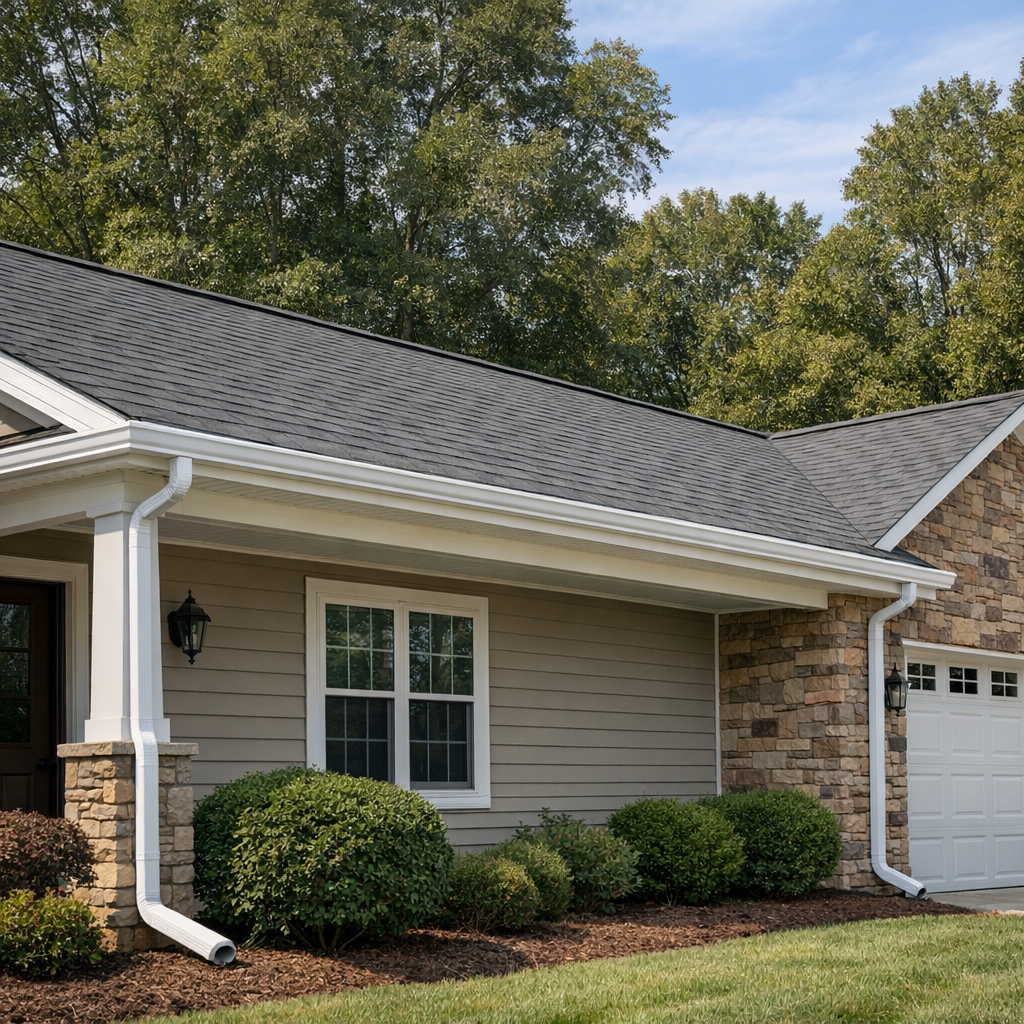 Seamless K-style gutters and downspouts on a Clemmons NC home surrounded by mature Forsyth County trees