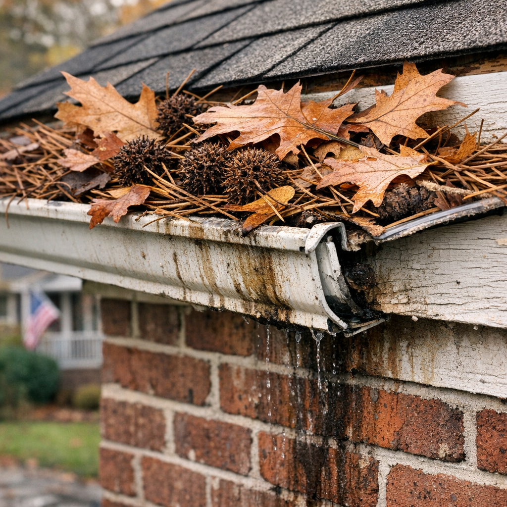 "A close-up photograph of a residential rain gutter in a Greensboro-style neighborhood, filled with a visible mix of pine needles, sweet gum seed balls, and autumn oak leaves — representing the multi-season debris challenge specific to the Piedmont Triad tree canopy. The gutter should be visibly stressed, pulling slightly away from the roofline fascia board (the horizontal wooden trim board running along the roof edge), with water staining on the brick or siding below to communicate the downstream consequences of debris accumulation."