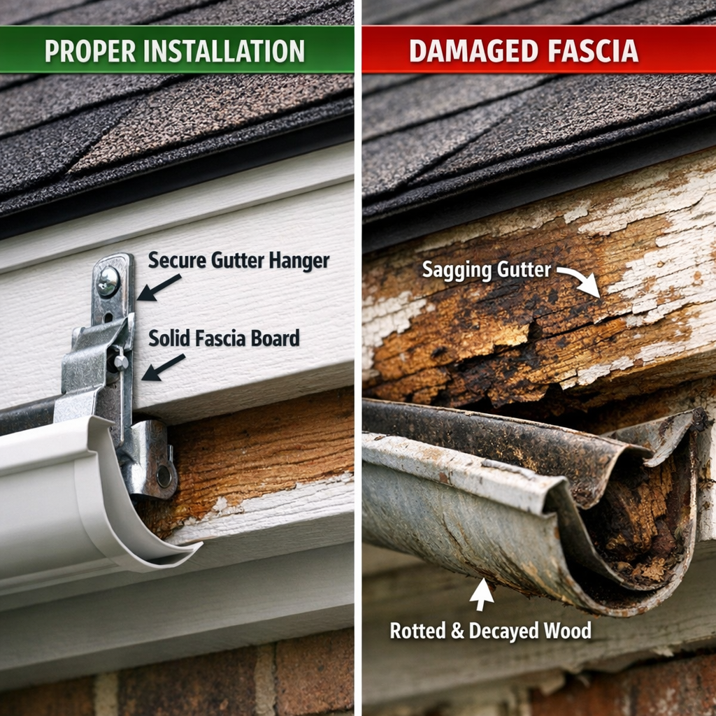 Close-up of gutters on a High Point, NC home showing fascia board condition, hanger hardware, and comparison of healthy vs. d