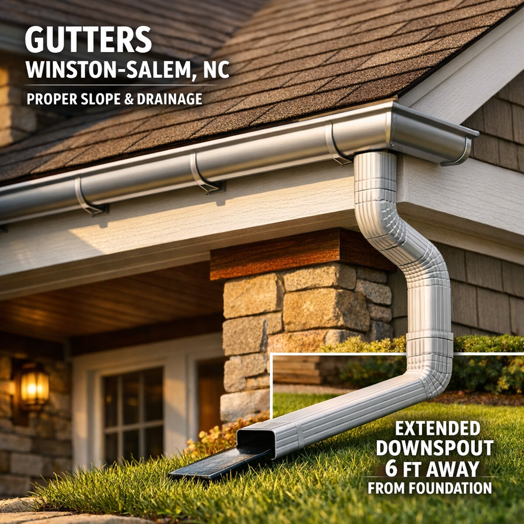 Close-up photograph of a completed seamless aluminum gutter installation on a traditional Winston-Salem craftsman-style home, showing proper slope toward a downspout with an extended downspout arm directing water at least six feet away from the foundation onto the lawn. The roofing fascia board (the horizontal trim board running along the eave behind the gutter) should appear clean and solid, with visible hanger bracket spacing along the gutter run. Late afternoon light preferred to show the clean lines of the installation.