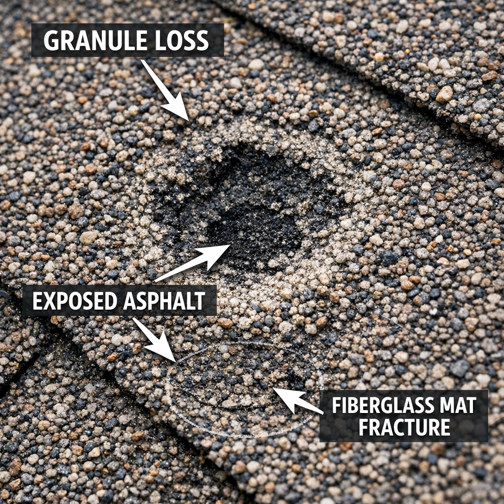 Close-up of asphalt shingle with hail damage showing granule loss, exposed mat, and impact crater needing roof repair