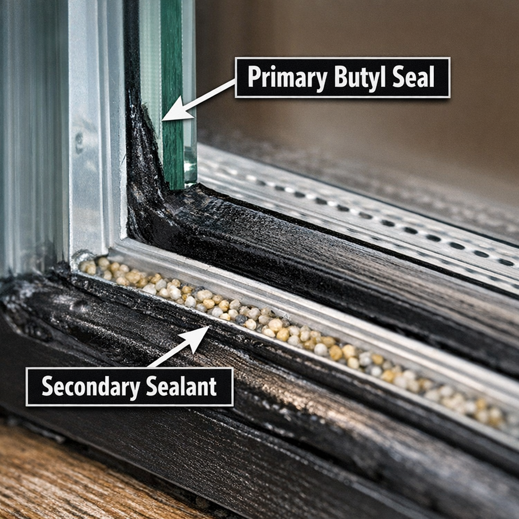 Cross-section of window frame corner showing primary butyl and secondary perimeter seals that affect repair window seal cost.