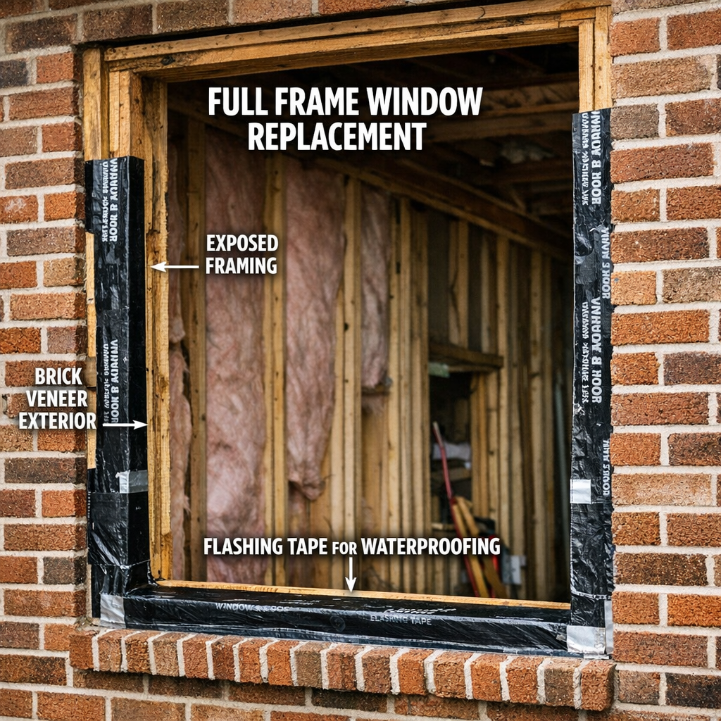 A close-up photograph of a window rough opening on a brick ranch home during a full-frame window replacement, showing the exposed framing, flashing tape applied to the sill and jambs, and the brick veneer surround. The image should clearly illustrate the installation complexity involved in masonry window replacement and the craftsmanship required for proper waterproofing.