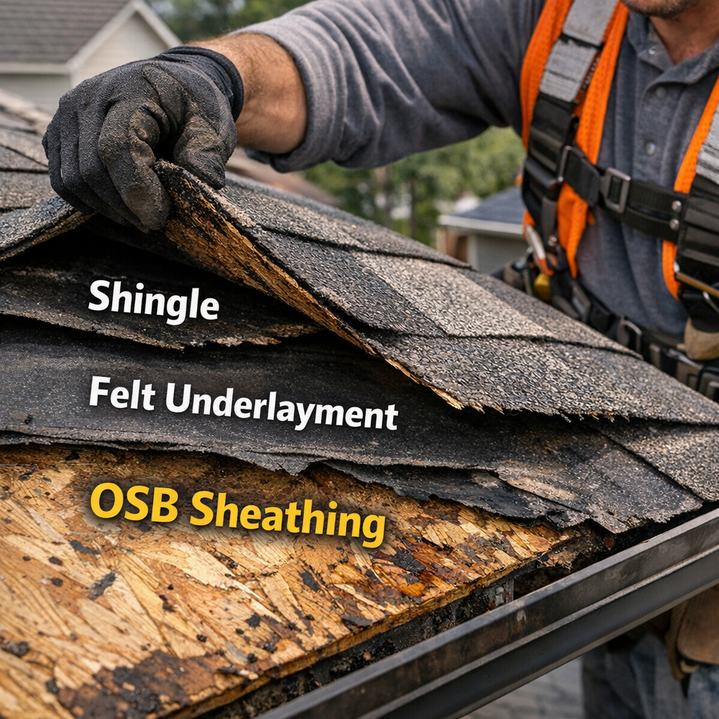 A close-up photo of a roofing contractor carefully lifting a damaged shingle to inspect the underlayment and sheathing below, taken on a residential roof in a suburban neighborhood setting. The image should convey thorough diagnostic work — not just surface-level inspection — with clear visibility of the layers beneath the shingle including the felt underlayment and OSB deck.