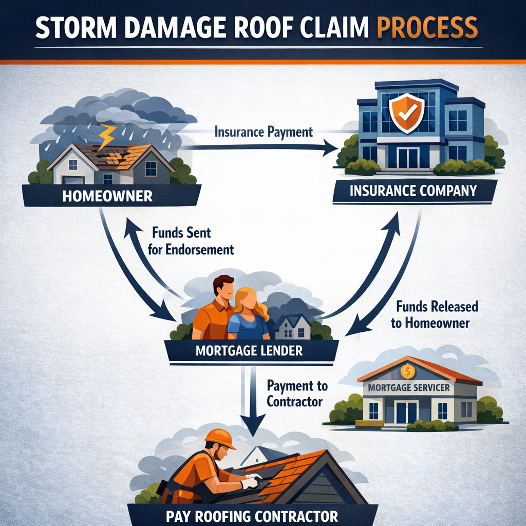 A clear, organized diagram showing the three-party relationship between a homeowner, their insurance company, and their mortgage lender during a storm-damage roof claim. The visual should use simple arrows showing the flow of insurance payments: from insurer to homeowner, from homeowner to mortgage servicer for endorsement, and from mortgage servicer back to homeowner before contractor payment. Clean, professional design with the Smithrock Roofing brand palette.