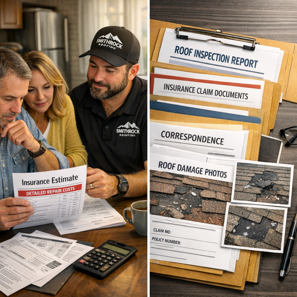 Homeowner reviewing roof insurance claim documents with contractor beside organized folder of inspection reports and damage p