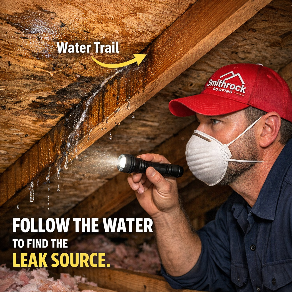 A close-up photograph of a roofing contractor performing an attic inspection, using a flashlight to trace a water trail along roof rafters. The image should show visible moisture marks on the underside of roof sheathing, illustrating the concept that leak sources are identified by following the path water takes through the structure rather than looking only at the ceiling stain below.