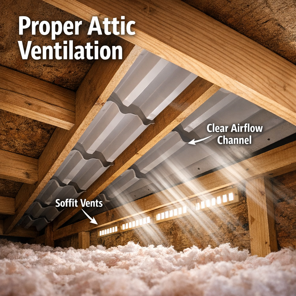 Attic insulation baffles keeping airflow clear from soffit vents, part of proper roof vent installation cost planning.