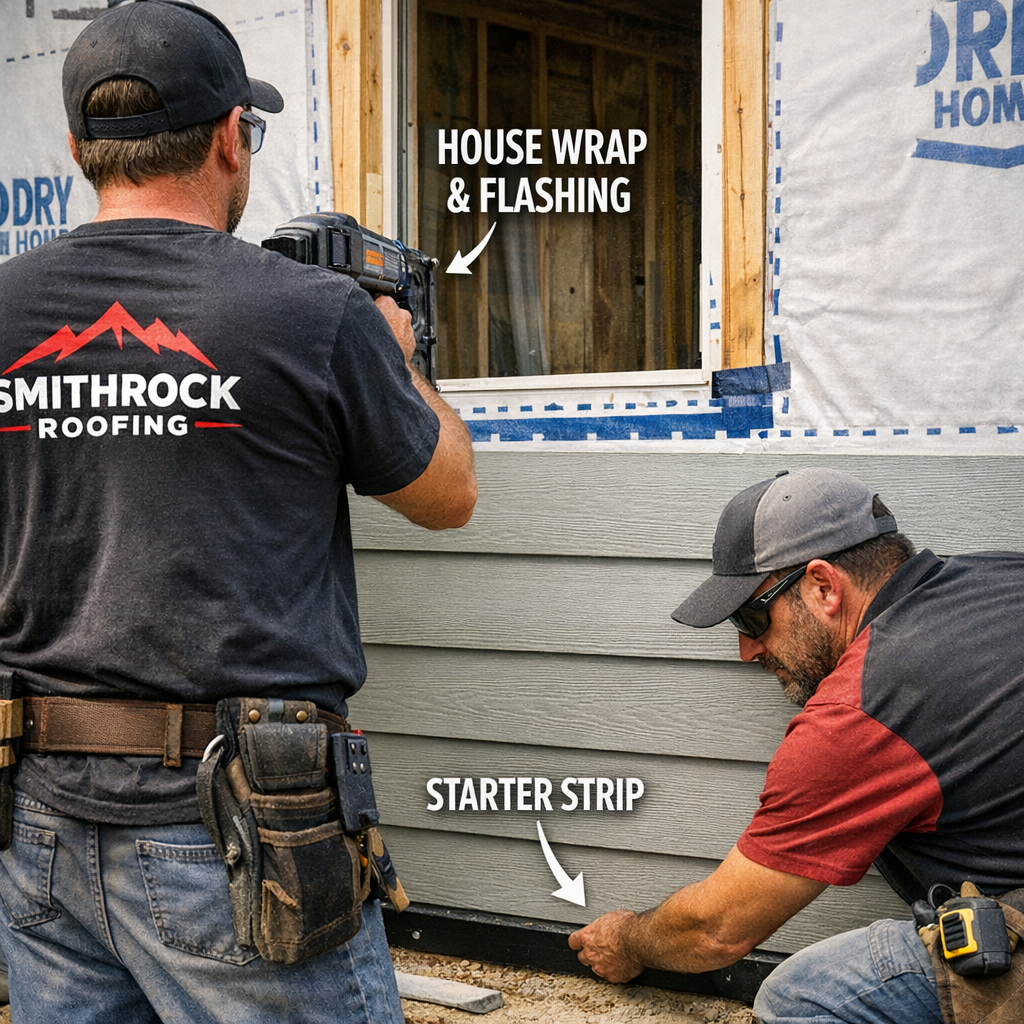 A close-up photograph of a Smithrock Roofing crew installing fiber cement lap siding on a Winston-Salem home, showing proper house wrap integration visible at a window rough opening, with starter strip alignment visible at the base of the wall. Natural light, clean job site, professional crew attire visible.