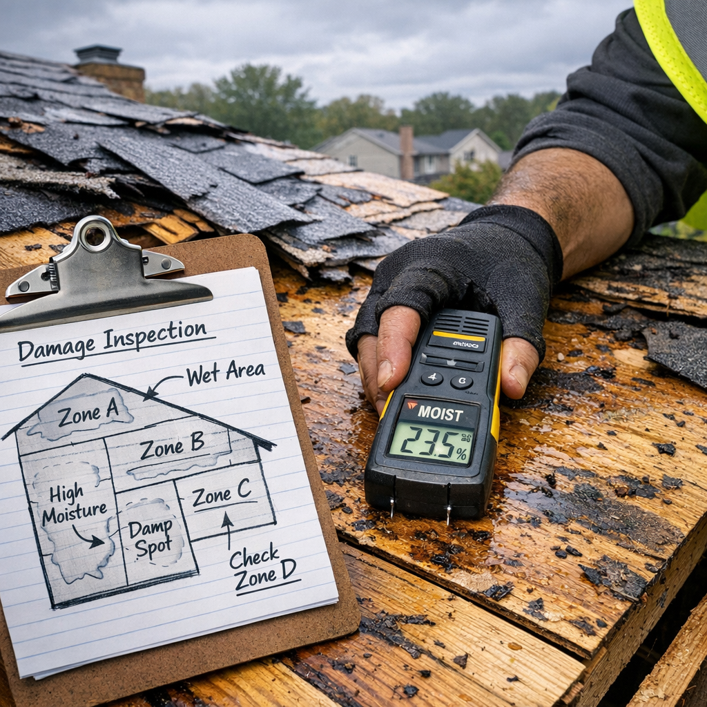 Roofing contractor using a digital moisture meter on wood decking during a storm damage roof repair inspection