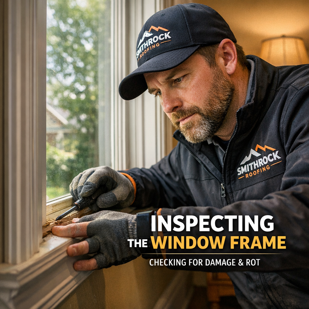 Smithrock Roofing contractor inspecting a window frame sill before replacement installation in a Greensboro home.