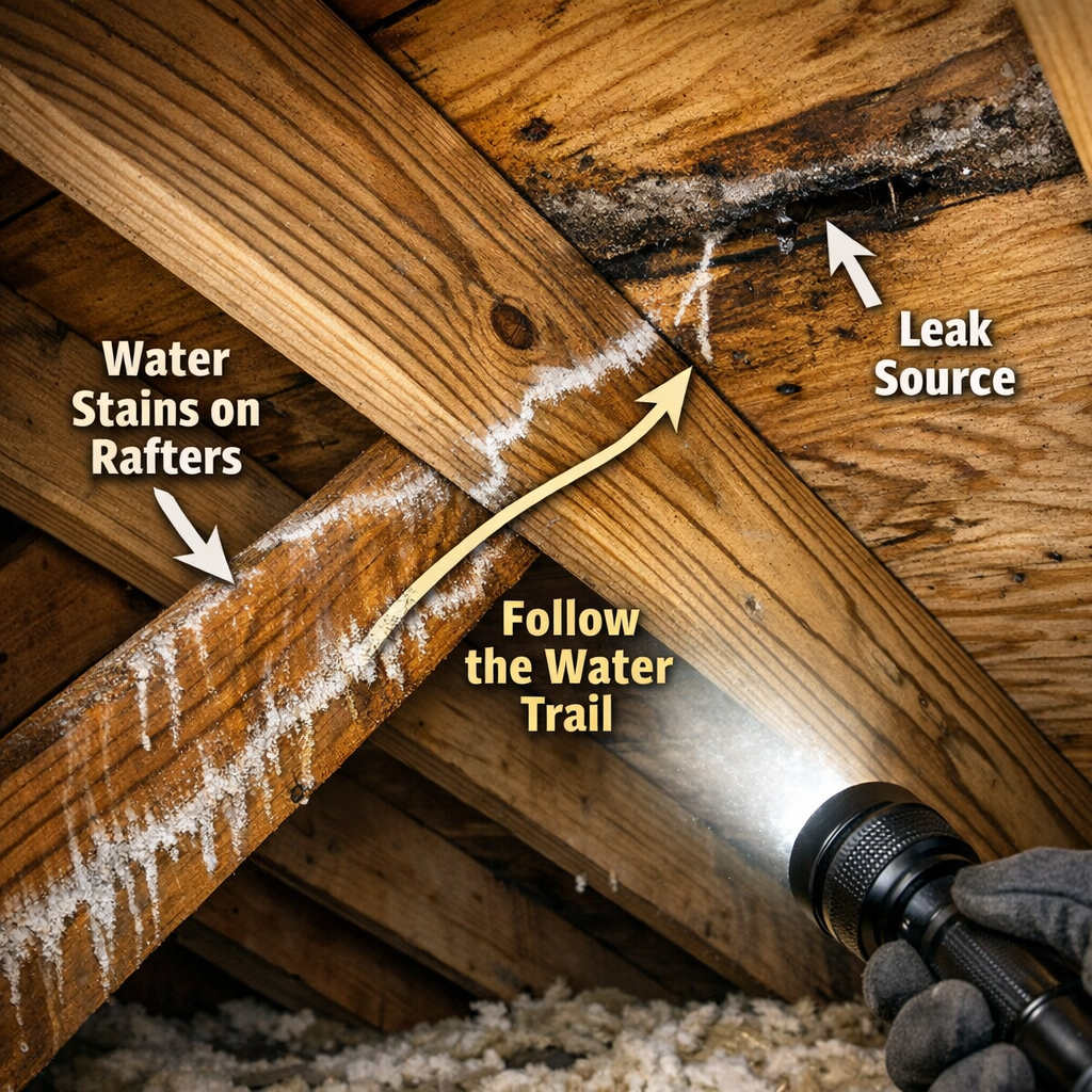 Attic rafter with tide mark stains traced by flashlight during emergency roof leak repair in Winston-Salem