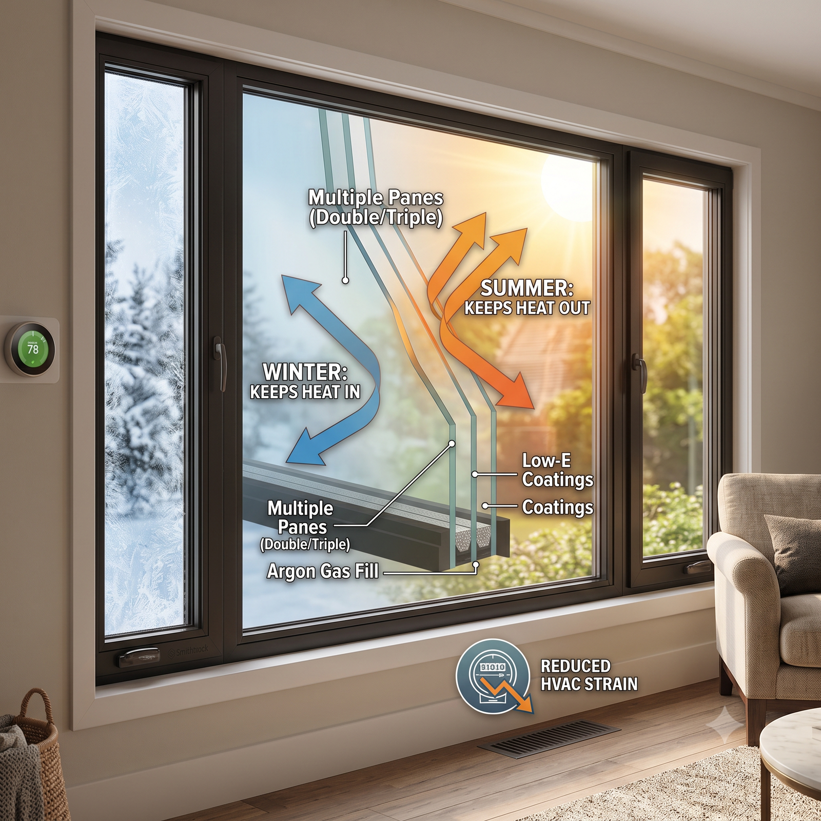 Infographic showing the thermal performance of modern insulated windows, contrasting heat rejection in summer with heat retention in winter.