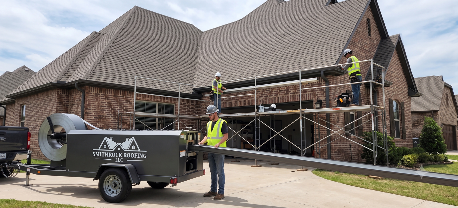 Three professional roofers from Smithrock Roofing LLC use a trailer-mounted seamless gutter roll-forming machine to fabricate and install custom gutters on a large, two-story brick suburban house with a multi-gabled roof. One worker manages the emerging gutter piece, while two workers on erected scaffolding systems handle and install them along the eaves. Paved driveway, green yard, sunny day.