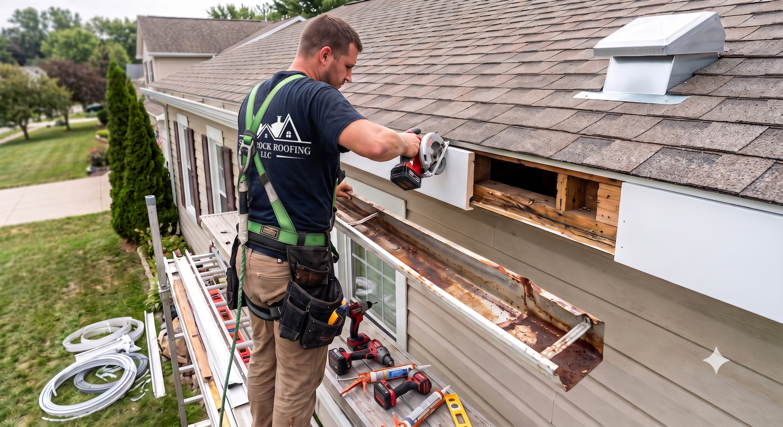 A roofer on a ladder replacing a rotten fascia board and sagging, failing aluminum gutters.