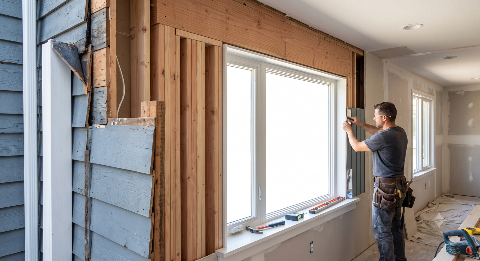 Professional construction worker installing a new, large insulated casement window into an existing exterior residential wall, showing new wooden framing, structural header, flashing, and siding integration during a remodel to add light to a room.