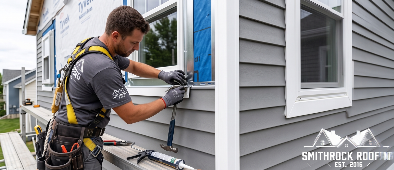 A Smithrock Roofing installer properly fitting metal flashing around a window frame during a residential siding replacement to ensure a watertight seal.