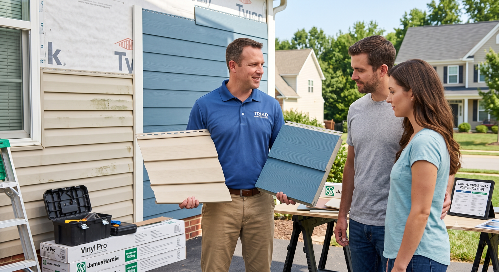 A male siding contractor in a blue uniform shirt with a company logo holds two different colored siding samples, beige and blue, while presenting to a young couple. They are standing in a residential driveway with a ladder, tools, boxes of "Vinyl Pro" and "James Hardie" siding, and a tablet guide on a workstation in the foreground. Background shows houses on a leafy street.