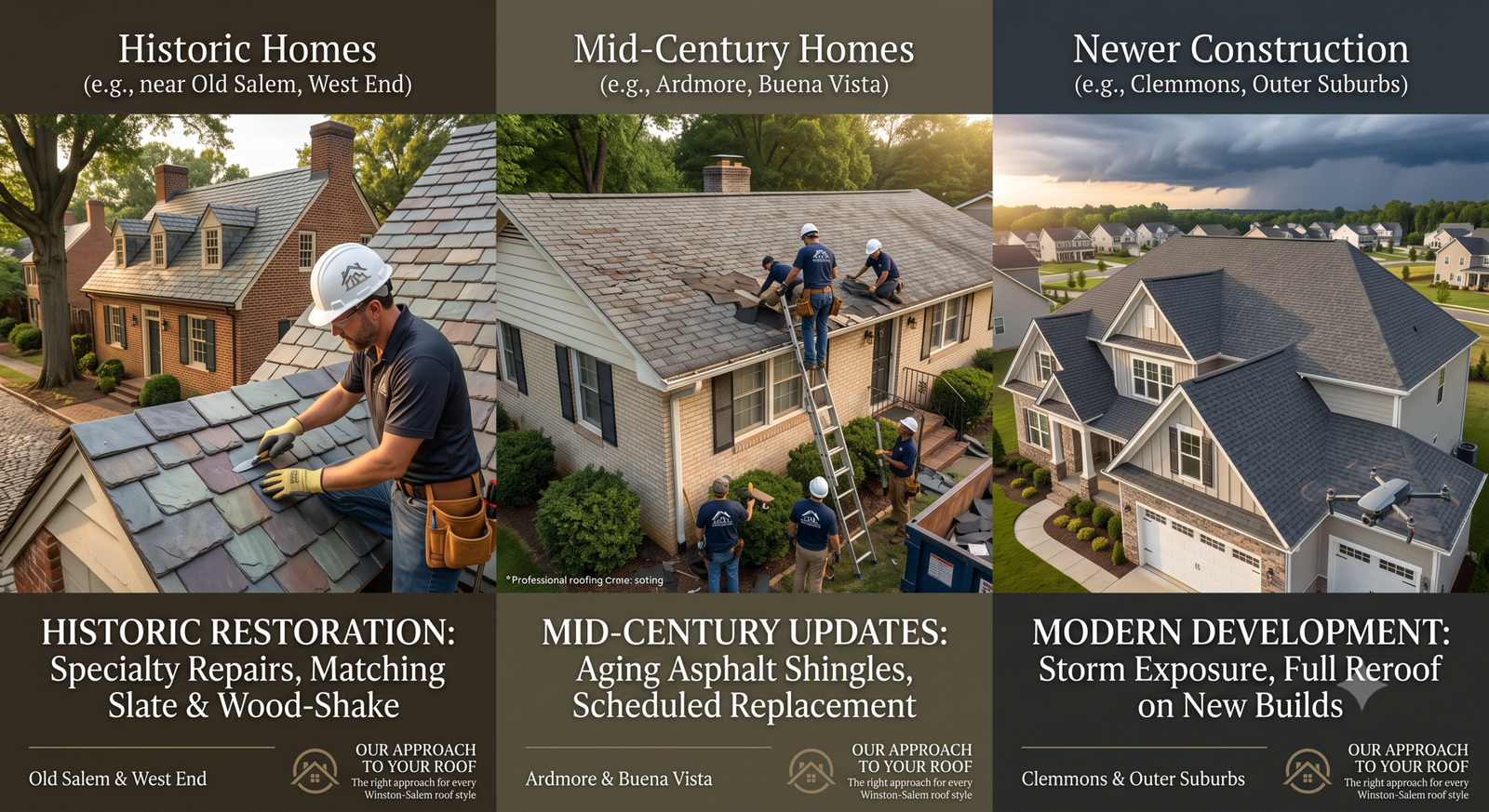 A triptych image comparing three different types of residential roofing in Winston-Salem, NC: a historic home near Old Salem with a slate roof, a mid-century home in Ardmore with asphalt shingles, and a modern suburban home in Clemmons with new construction.