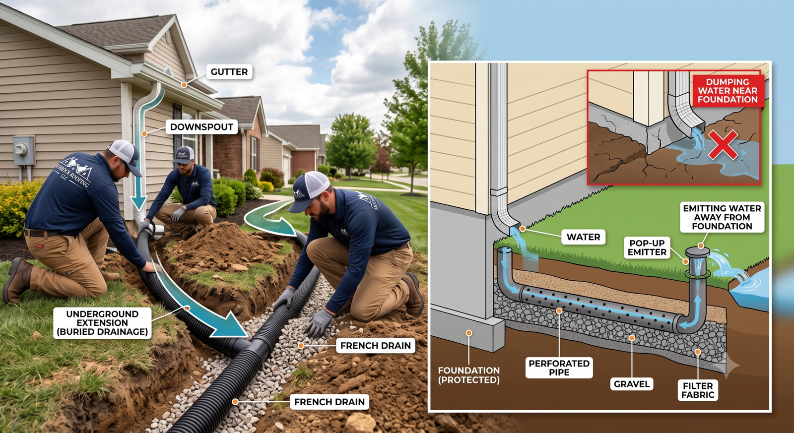 Infographic visualization of a professional gutter crew burying downspout extensions and connecting them to a French drain with a pop-up emitter to carry water away from the home foundation.