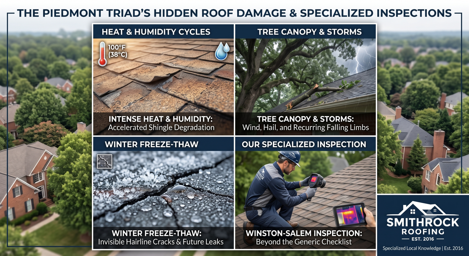 A composite, four-panel photorealistic image illustrating unique roofing challenges in the Piedmont Triad. The panels detail how intense heat and humidity accelerate granule loss, the recurring damage from falling limbs and storms due to the Winston-Salem tree canopy, winter freeze-thaw cycles that create hairline cracks and future leaks, and a professional Smithrock Roofing inspector using infrared thermal imaging for a specialized inspection that finds damage generic checklists miss. The accurate white Smithrock Roofing logo with 'EST. 2016' is prominent.
