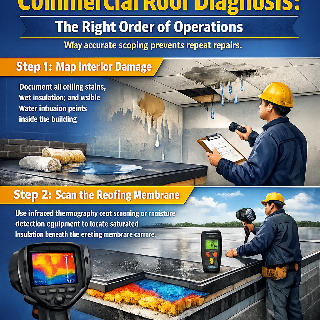 Infographic showing two-step commercial roof diagnosis process to accurately scope commercial roofing repair costs