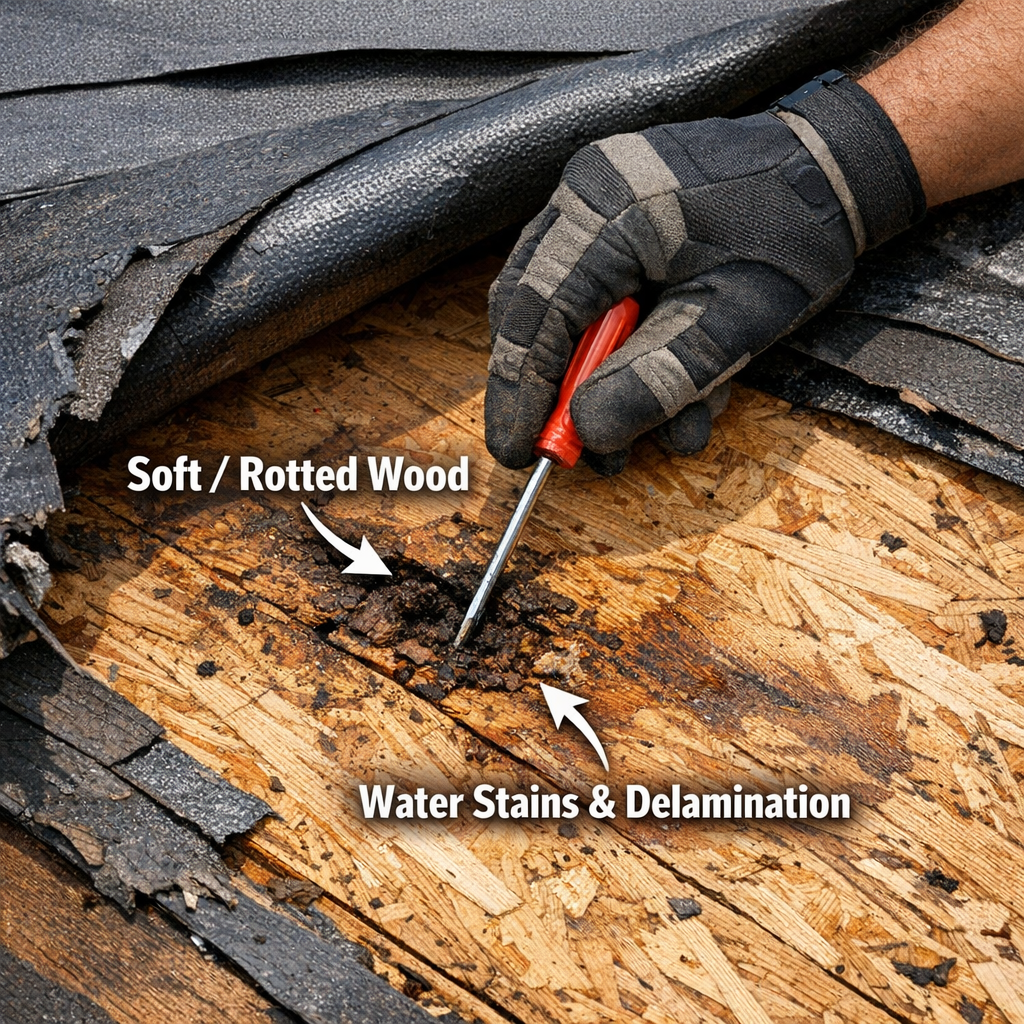 Roofing contractor probing water-stained, delaminating OSB deck during home roofing repair with underlayment pulled back.