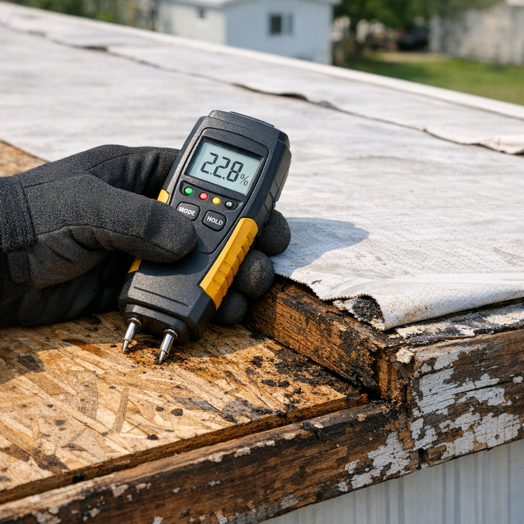 Roofer using moisture meter on weathered OSB decking during mobile home roof repair inspection in natural daylight.