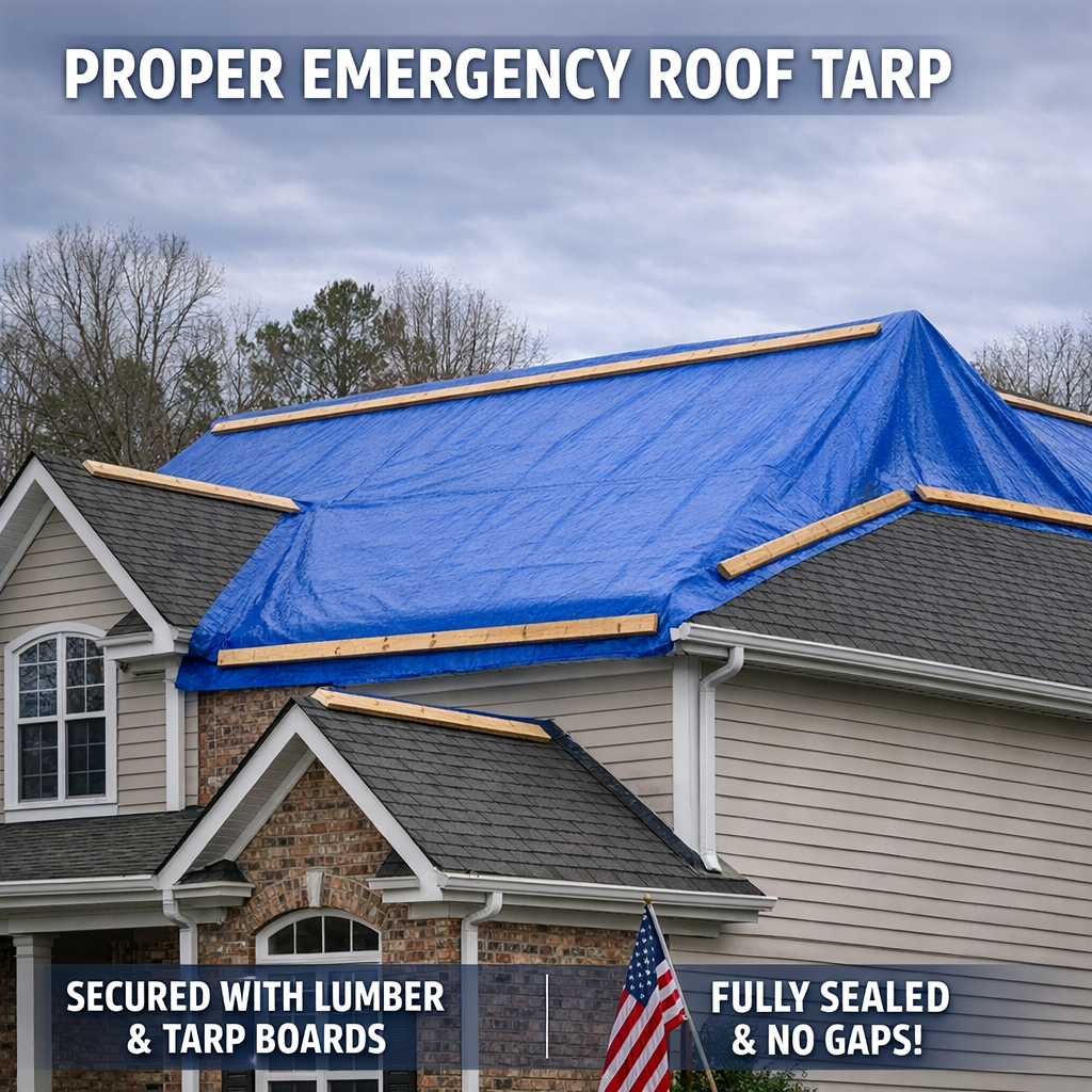 Emergency roof tarp secured with weighted lumber past the ridge — a key step in minimizing roof leak repair cost